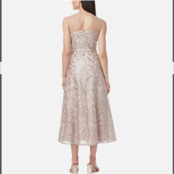 JS COLLECTIONS Rosie Embroidered Metallic Illusion Midi Cocktail Dress in Silver - Picture 2 of 4